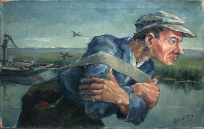 250517 Spoelingschuit getrokken door een 'jager'. Schilderij Jaap de Raat